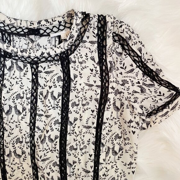 Anthropologie Meadow Rue Cream Black Faison Bird Print Short Sleeve Blouse Top - Picture 3 of 8